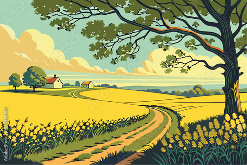 3 Vibrant yellow rapeseed field, Bright blue sky with wispy clouds, Dirt road intersection, Rural farmhouse in distance, Green trees on horizon, Scenic countryside landscape, Golden hour lighting, Wid