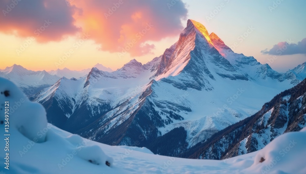 Obraz premium Soft golden flames dance across a snowy mountain, snowy, majestic, rugged