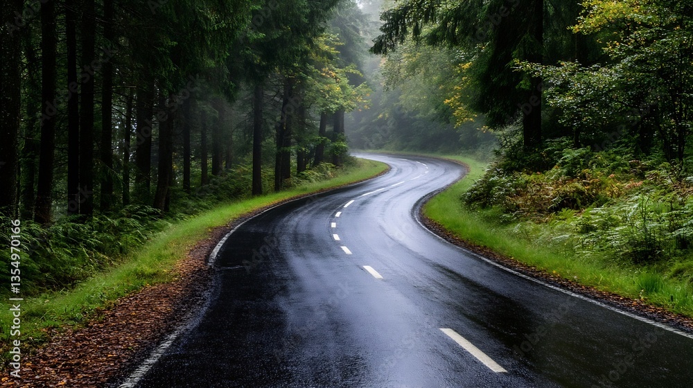 Obraz premium A winding road through a lush green forest on a rainy day with a misty atmosphere creating a serene experience : Generative AI