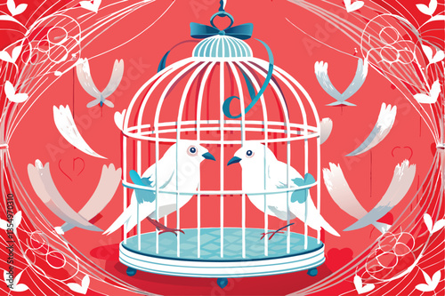 Two lovebirds, intimately perched, inside a charming heart-decorated birdcage.  Focus on affection and detail.