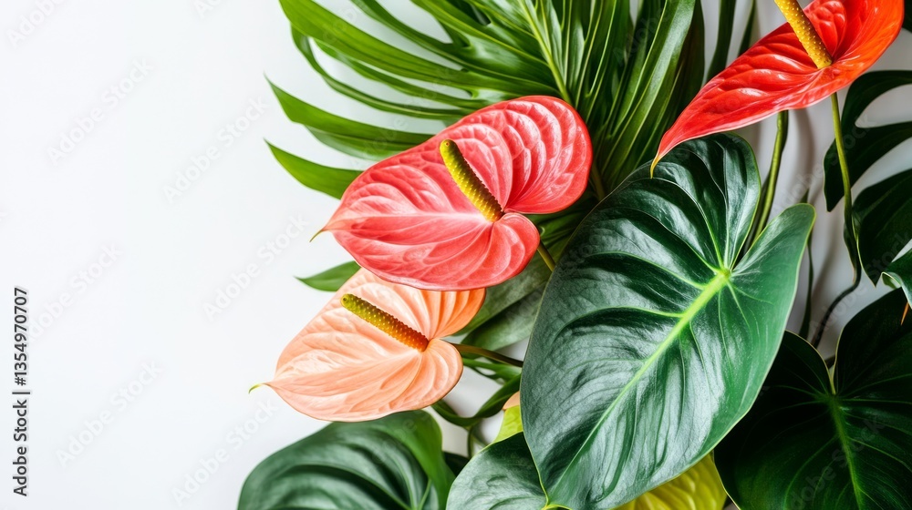 Naklejka premium Tropical plant arrangement with monstera leaves and anthuriums, isolated on white background, bold textures, vibrant colors, clean edges, sharp focus, and modern and fresh style.