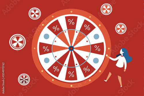 A person joyfully spins a large wheel of fortune offering various percentage discounts.  Vibrant, playful illustration.