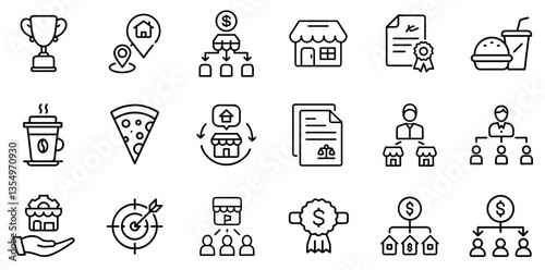 "Containing Franchise Line Icons Representing Franchise Business Models, Operations, and Franchisee Relationships in a Clean and Modern Linear Design"