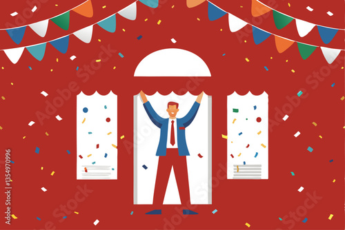 A jubilant character enthusiastically throws confetti at a grand opening celebration, showcasing festive joy and new beginnings.