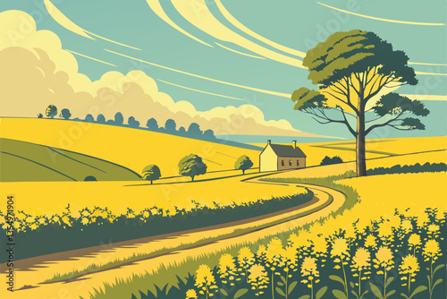 3 Vibrant yellow rapeseed field, Bright blue sky with wispy clouds, Dirt road intersection, Rural farmhouse in distance, Green trees on horizon, Scenic countryside landscape, Golden hour lighting, Wid
