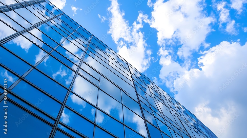Modern Glass Facade of a Skyscraper Reflecting a Bright Blue Sky with Fluffy Clouds : Generative AI Modern Glass Facade of a Skyscraper Reflecting a Bright Blue Sky with Fluffy Clouds : Generative AI