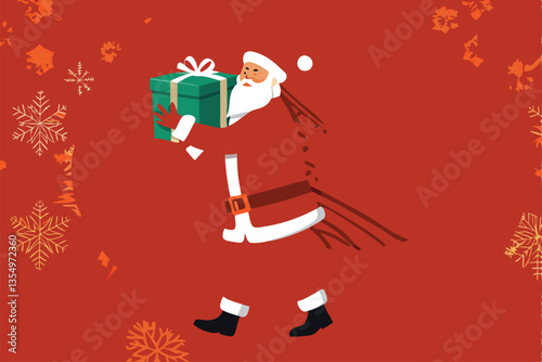 A friendly cartoon character, possibly elf-like, smiling broadly, carrying a large, overflowing sack of festively wrapped Christmas gifts.  Person is dressed in warm winter clothing.