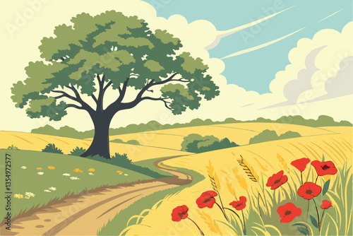 3 Vibrant yellow rapeseed field, Bright blue sky with wispy clouds, Dirt road intersection, Rural farmhouse in distance, Green trees on horizon, Scenic countryside landscape, Golden hour lighting, Wid