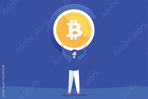 A person's hand confidently holds a shiny Bitcoin cryptocurrency coin, showcasing wealth and digital currency ownership.