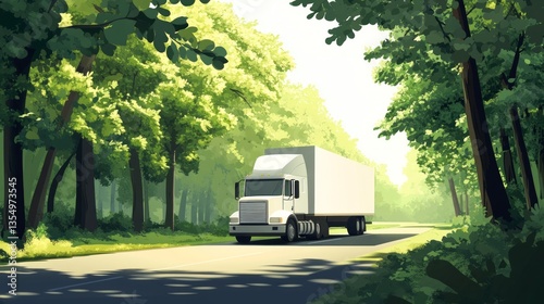 Truck navigating a tree-lined route, symbolizing transportation and logistics in a serene natural environment, isolated on transparent background for themed visuals.
