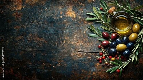 Fototapeta Naklejka Na Ścianę i Meble -  Rustic Olive Oil, Olives, Herbs, Wood, Food Photography, Background, Recipe