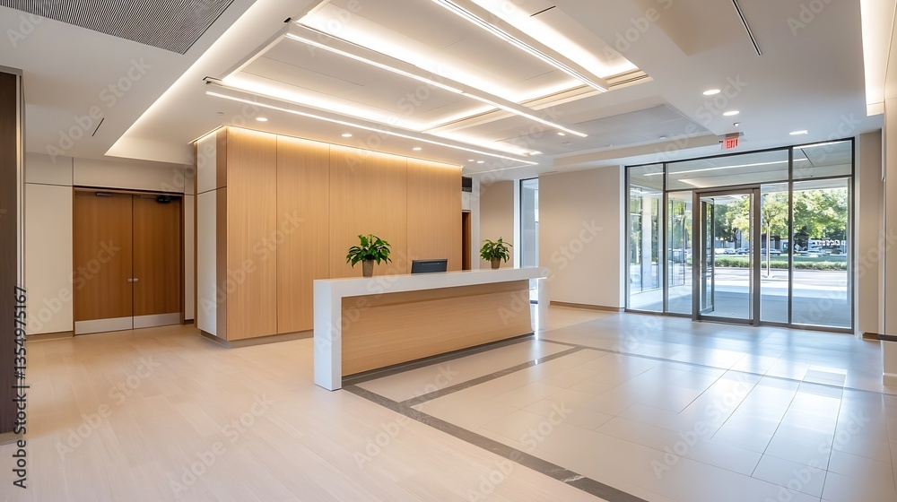 Obraz premium Modern and stylish reception area featuring warm wooden tones and large glass windows : Generative AI