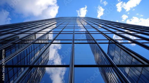 Skyward perspective capturing gleaming glass windows and clouds on modern highrise building : Generative AI