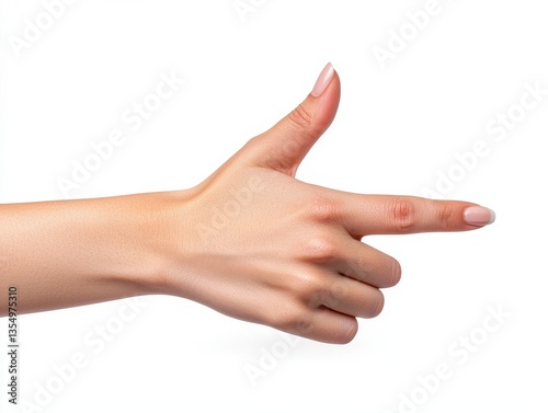 A human hand is positioned to mimic a gun shape, with fingers extended and poised, set against a plain white background.