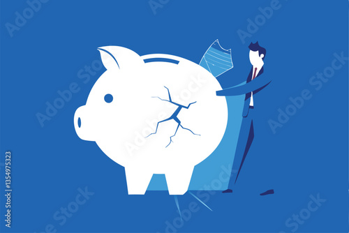 A person sadly holding a cracked piggy bank, spilling coins. Depict disappointment and financial hardship.