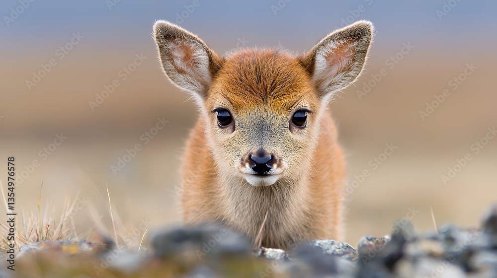 Fototapeta premium Close Up Portrait of a Cute Fawn Looking Directly at the Camera in Nature
