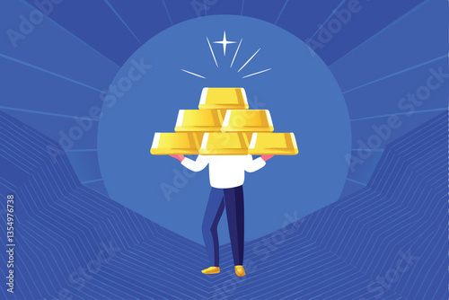 A stylized illustration of a person, possibly a miner or treasure hunter, triumphantly holding a gleaming gold bar and a shin bone, suggesting a juxtaposition of wealth and mortality.
