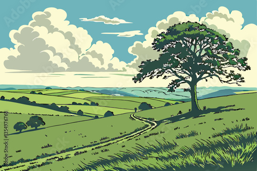 5 Expansive green field, lone tree on horizon, vibrant blue sky, fluffy white clouds, pastoral landscape, serene countryside, wide open spaces, summer day, clear weather, rural scenery, lush grassland