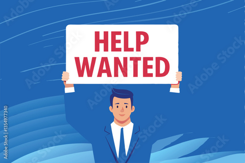 A cartoon character, stressed, holding a "Help Wanted" sign, depicting the struggles of a small business owner.