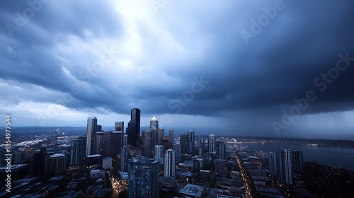 Dramatic skyline of a city with dark storm clouds looming overhead : Generative AI