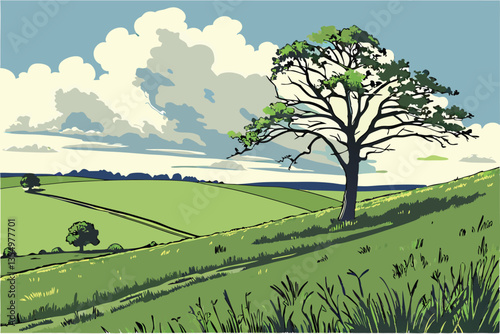 5 Expansive green field, lone tree on horizon, vibrant blue sky, fluffy white clouds, pastoral landscape, serene countryside, wide open spaces, summer day, clear weather, rural scenery, lush grassland