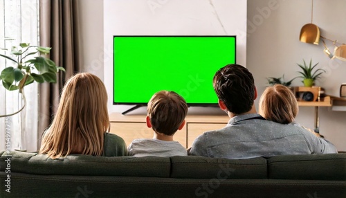 Happy family watch tv in green screen in the living room