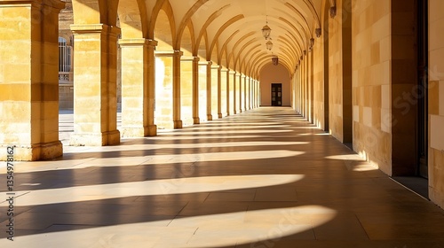 Ancient architectural arched corridor with bright sunlight illuminating the stone walls : Generative AI