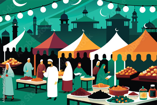 A bustling Ramadan night market scene, vibrant stalls overflowing with dates, lanterns, spices, and clothing.  Warm lighting enhances the festive atmosphere.