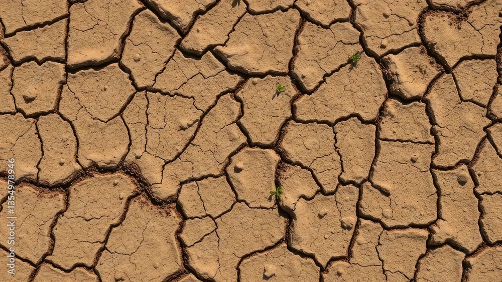 Dry mud cracked ground texture background with small weeds, weathered rock, cracked earth, dry ground Dry mud cracked ground texture background with small weeds, weathered rock, cracked earth, dry ground