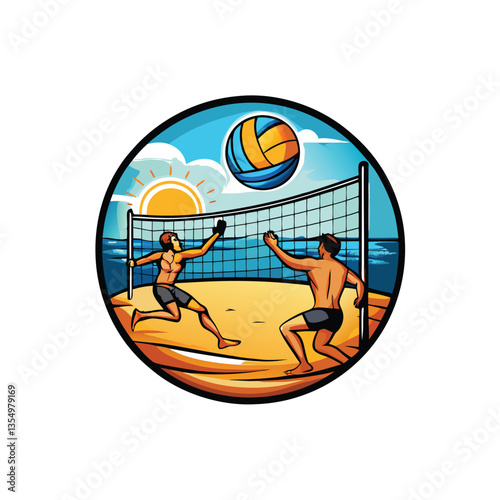 Generate a photorealistic image of a dynamic beach volleyball match featuring two intensely focused players mid-action on a sunny beach.