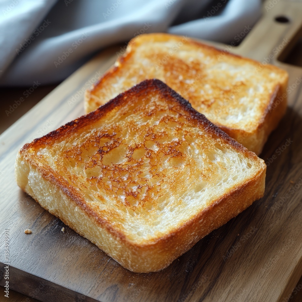 Two delicious toasted bread pieces with golden-brown crusts, soft centers, and crispy textures, arranged on a cutting board for a rustic and fresh presentation.