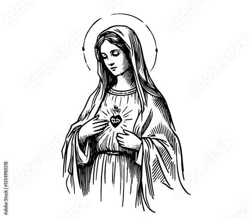 virgin mary with sacred heart black vector religious engraving