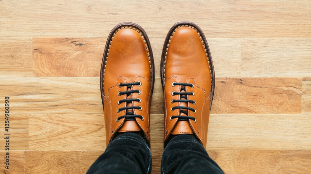 A top-down view of a pair of brown leather shoes on a wooden floor, showcasing their classic design and lacing. A top-down view of a pair of brown leather shoes on a wooden floor, showcasing their classic design and lacing.