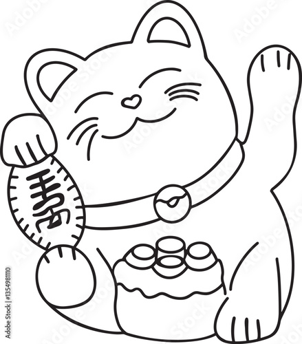 Lucky cat toy Chinese new year graphic element Outline vector illustration Hand drawn line art