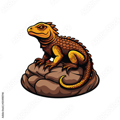 A photorealistic image of a green lizard basking on a sun-warmed rock, detailed scales, natural habitat.