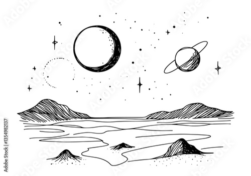 fantasy space landscape with planets black vector line art