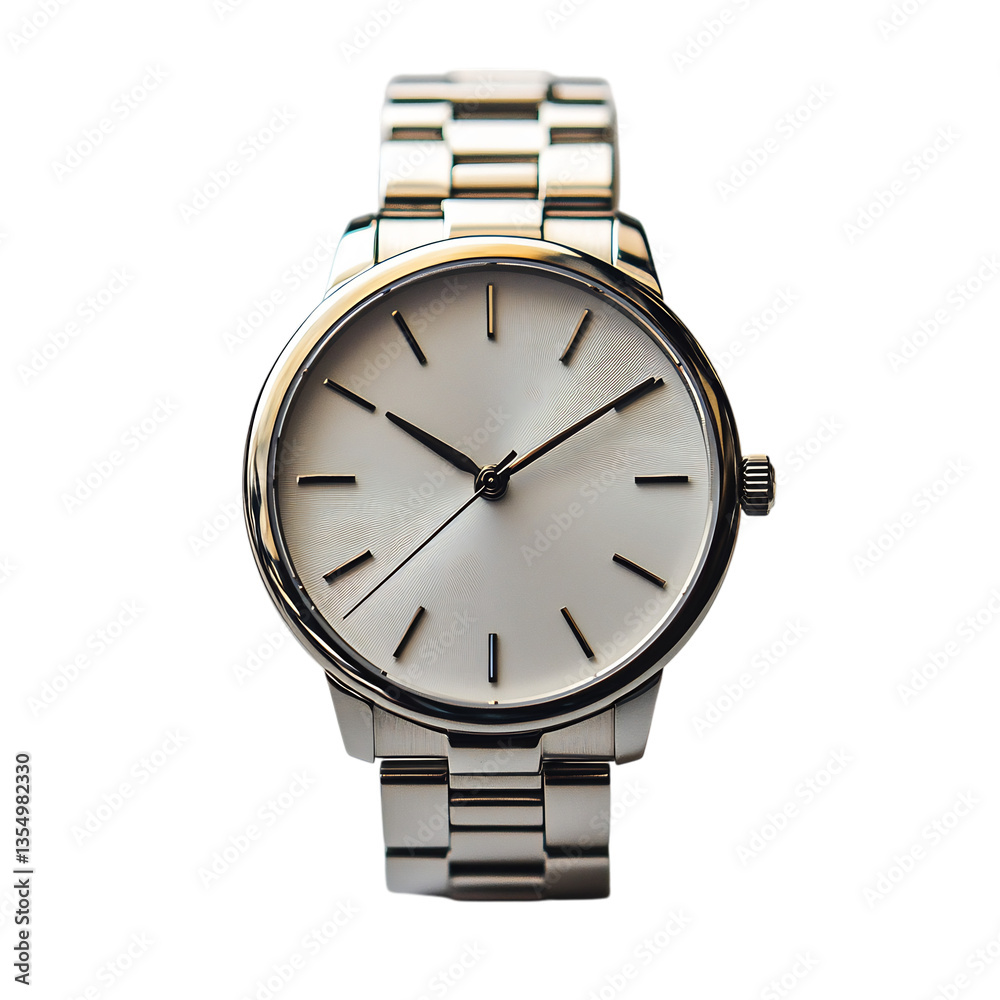 Compact Minimalist Silver Watch with White Dial and Silver Bracelet Isolated on Transparent Background Compact Minimalist Silver Watch with White Dial and Silver Bracelet Isolated on Transparent Background