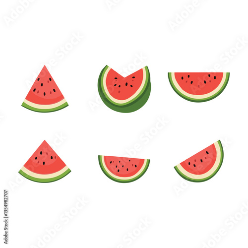 Cartoon slice watermelon. Green striped berry with red pulp and brown bones, cut and chopped fruit, half and sliced on white background.