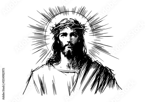 Jesus savior portrait black vector engraving