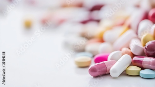 Colorful assortment of different capsules and tablets scattered on white surface : Generative AI