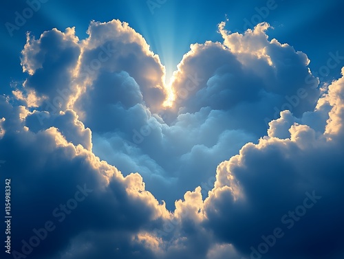Heart-shaped clouds, sun rays, sky, hope, background