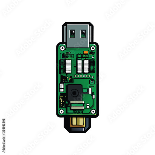 Create a realistic vector illustration of a USB to UART converter, showcasing its connector ports and circuitry details.  Include a high-resolution, detailed image.