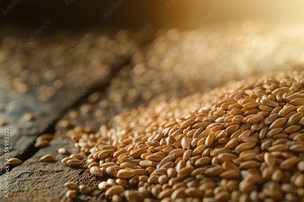 Obraz premium Golden wheat grains spread across a rustic wooden table reflecting warm light and creating a luxurious food concept atmosphere
