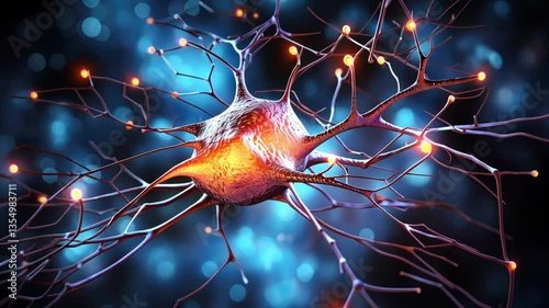 This visual representation illustrates the intricate structure of a neuron, highlighting its role in transmitting signals within the nervous system. The glowing connections emphasize communication photo