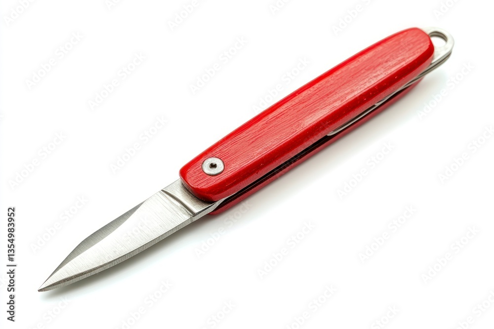 Pocket Knife with Red Handle and Sharp Blade on White Background