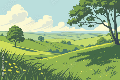 5 Expansive green field, lone tree on horizon, vibrant blue sky, fluffy white clouds, pastoral landscape, serene countryside, wide open spaces, summer day, clear weather, rural scenery, lush grassland