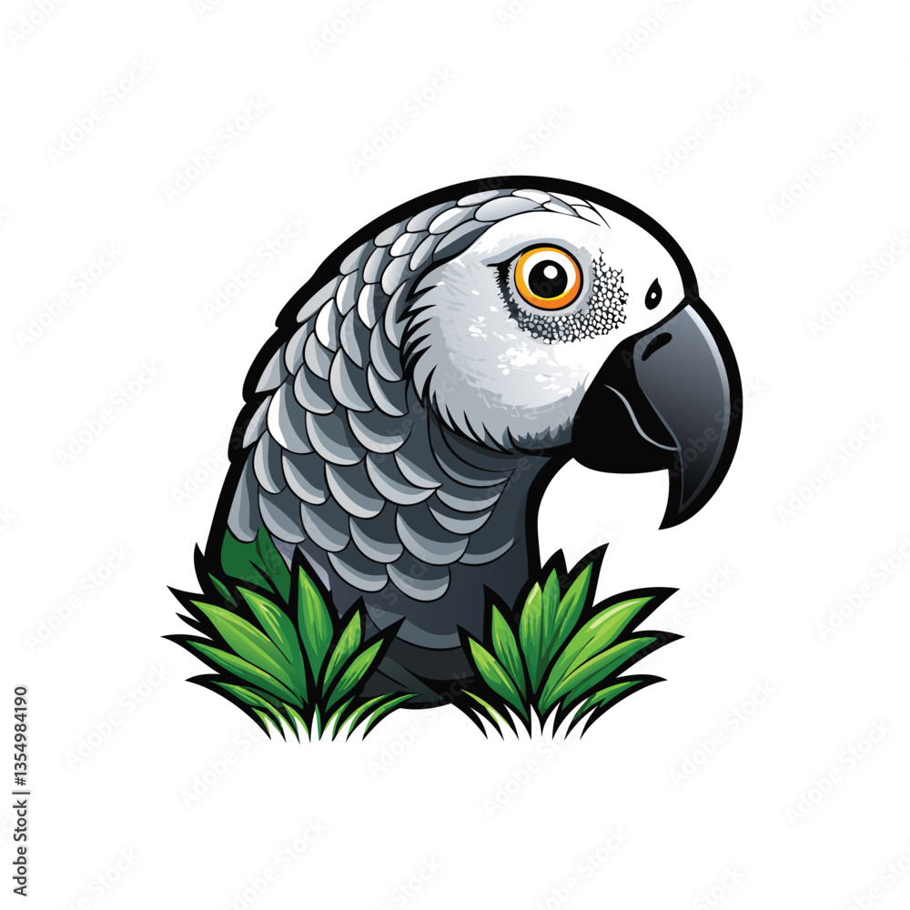 Fototapeta premium Close-up photograph of a detailed African Grey Parrot perched, showcasing its feathers, beak, and eye. High-resolution image.