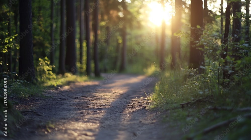 Obraz premium Serene Forest Pathway Bathed in Golden Sunlight During the Early Morning Hours : Generative AI