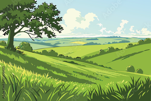 5 Expansive green field, lone tree on horizon, vibrant blue sky, fluffy white clouds, pastoral landscape, serene countryside, wide open spaces, summer day, clear weather, rural scenery, lush grassland