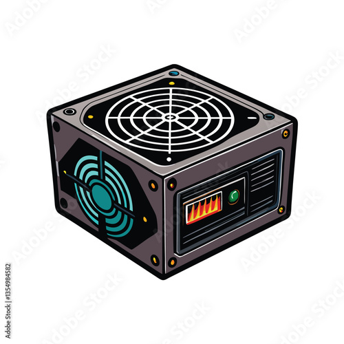 Create a photorealistic vector illustration of a computer power supply unit (PSU), showcasing its intricate internal components and external connectors.  Include details like cooling fans and wiring.